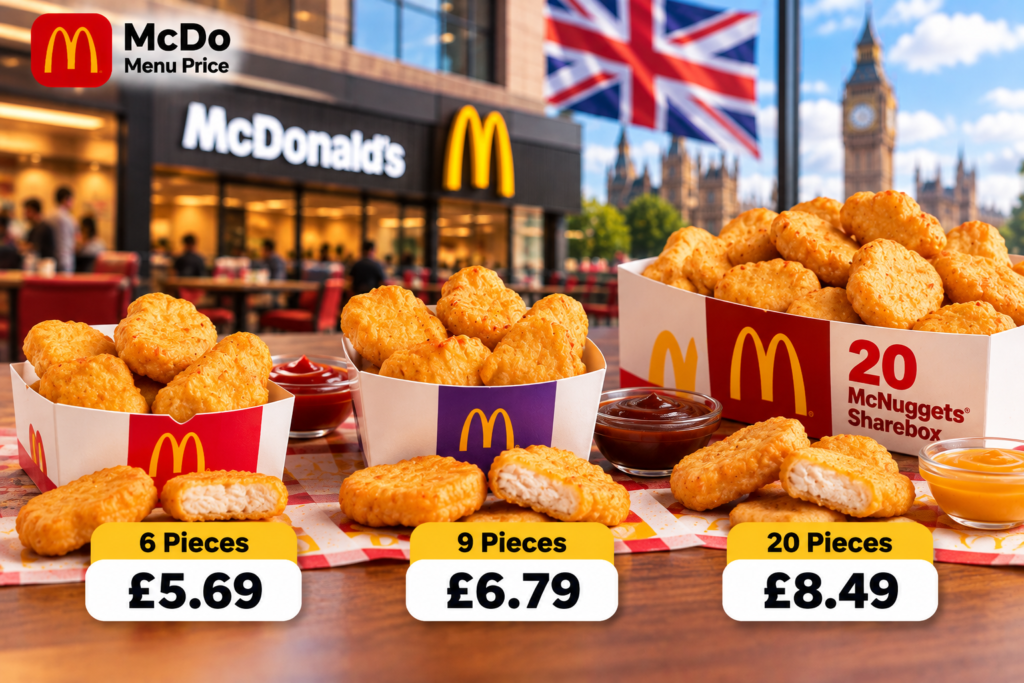 In 2026, McDonald’s Chicken McNuggets in the UK typically cost around £5.69 for 6 pieces and £6.79 for 9 pieces, while a 20-piece McNuggets Sharebox can cost around £8.49. Prices vary between restaurants, so your local McDonald’s may charge a little more or less.

McDonald’s UK offers different McNuggets options, including individual portions, meals, Happy Meals, and a 20-piece Sharebox. Chicken McNuggets are made with chicken breast meat and come with a choice of dipping sauces. If you're looking for more affordable options, you may also want to know what is on the McDonald’s Saver Menu UK, which features selected items at lower prices...